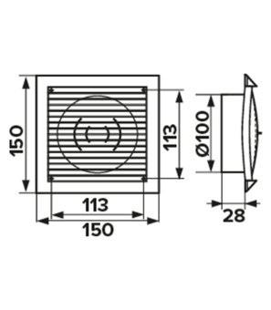 Вентиляционная решетка торцевая 150х150 мм для круглых воздуховодов d100 мм