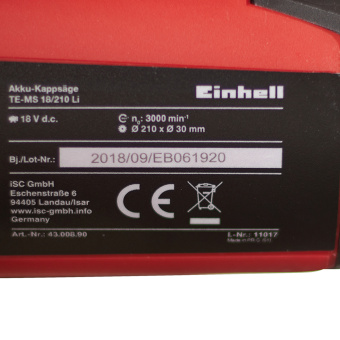 Пила торцовочная аккумуляторная Einhell TE-MS 18/210 (4300890) 18В Li-Ion 210 мм без АКБ и ЗУ