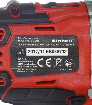 Дрель-шуруповерт аккумуляторная Einhell TE-CD 18 Li Brushless (4513850) 18В Li-Ion без АКБ и ЗУ