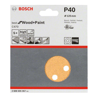 Диск шлифовальный Bosch C470 Best for Wood and Paint d125 мм P40 на липучку перфорированный (5 шт.)