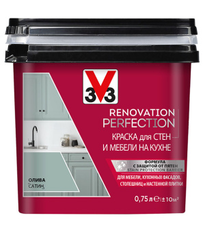 Краска водно-дисперсионная V33 Renovation Perfection для кухни моющаяся олива 0,75 л