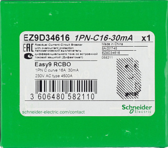 Дифференциальный автомат Schneider Electric Easy9 1P+N 16А тип C 30 мА 4.5 kA SE EZ9D34616